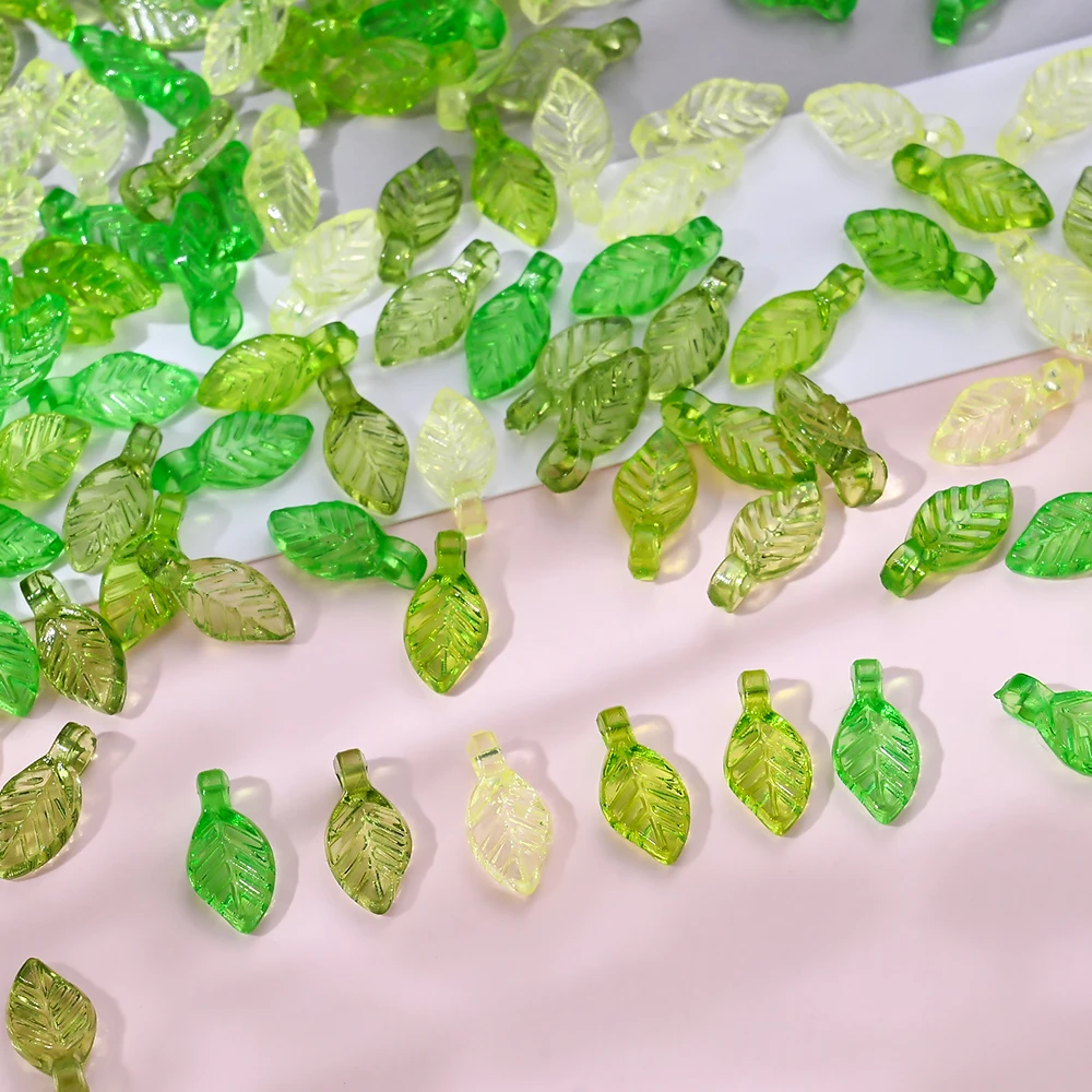 500 Stück grüne transparente Harz-Blattperlen, lose Acryl-Pflanzenblatt-Abstandshalter für die Schmuckherstellung, DIY-Halskette, Armband, Ohrringe – Detail 7