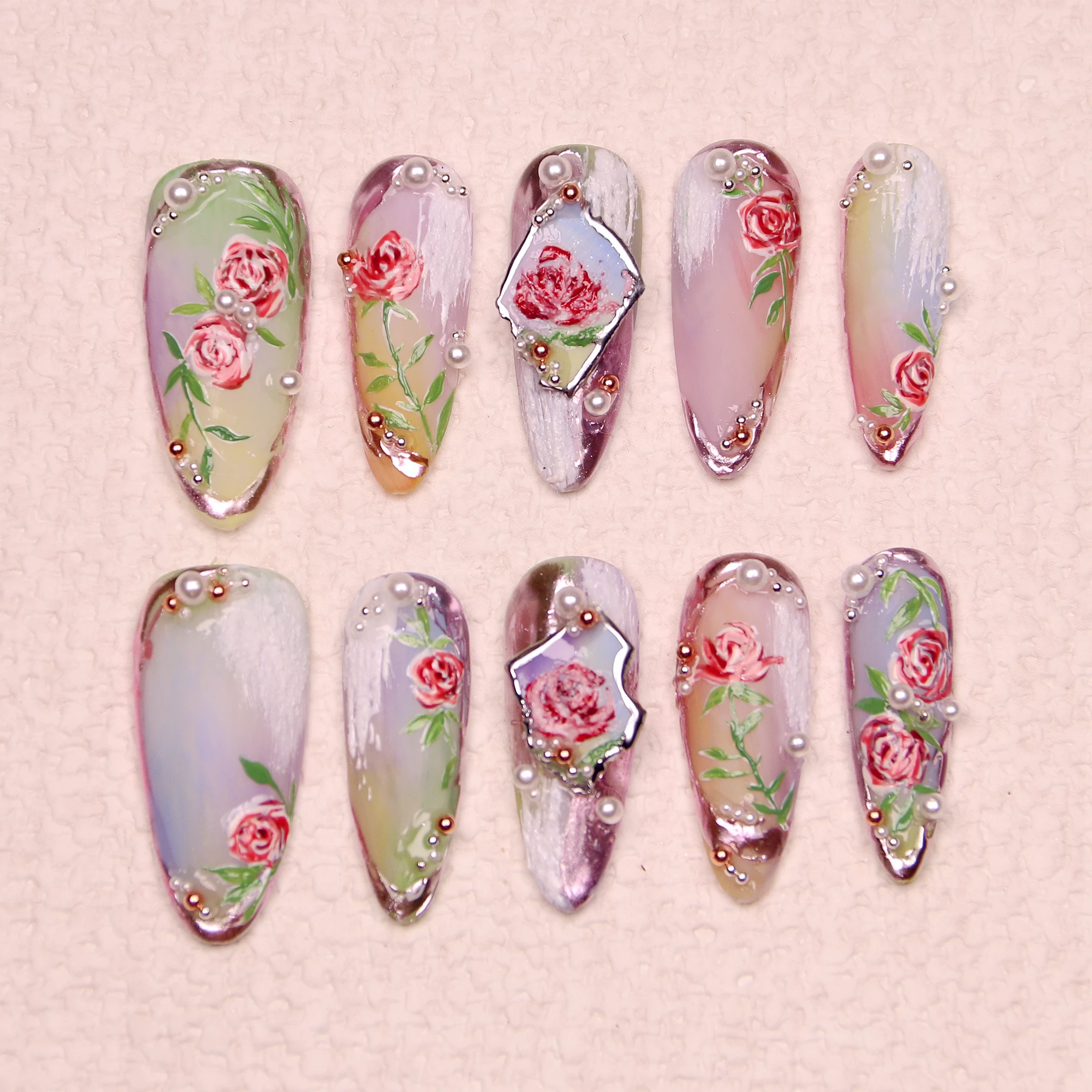 10Pcs 3D Handmade  press on nails Fairy Tale Flower Long Almond Press On Nails Bow Dreamy Nails Y2K  with Adhesive Nail File Set