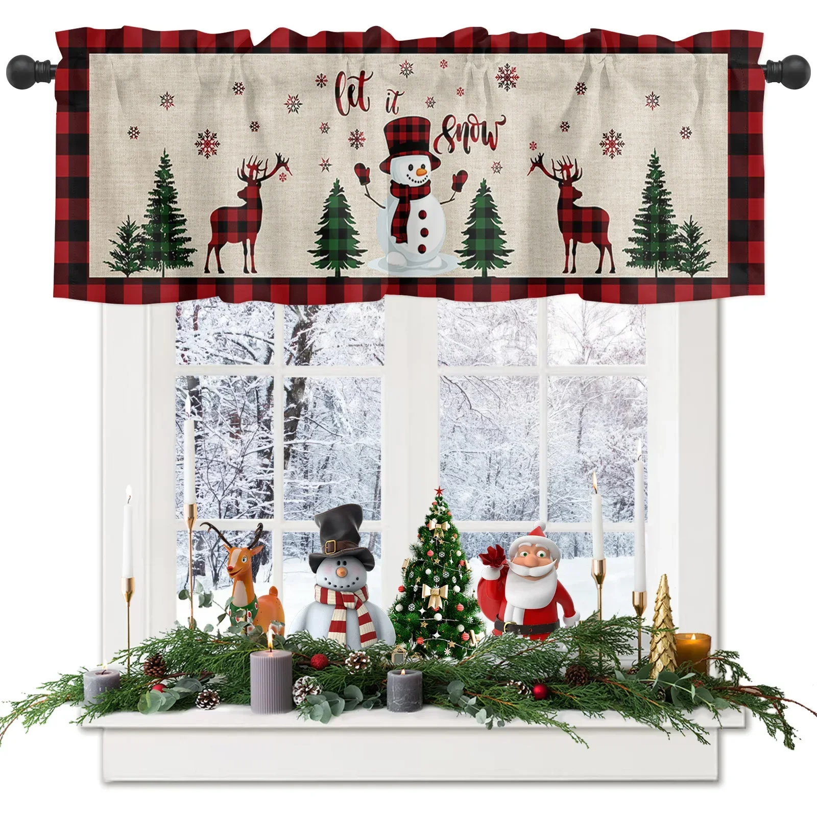 Snowflake Snowman Christmas Tree Plaid Short Curtains Kitchen Wine Cabinet Door Window Small Curtains Wardrobe Drapes Home Decor