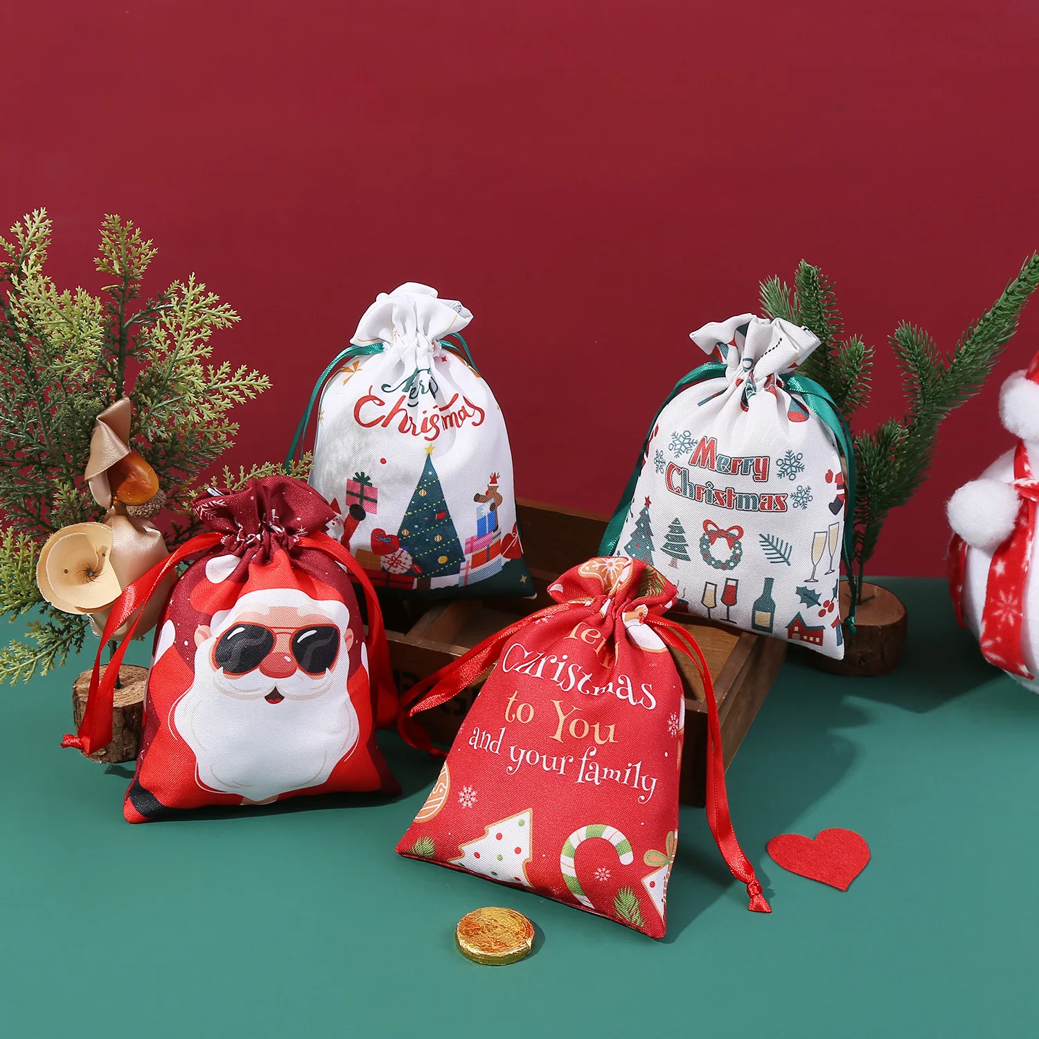 9pcs Christmas Gift Bags With Drawstring - Red Cloth Candy & Apple Packaging For Holiday Parties And Events