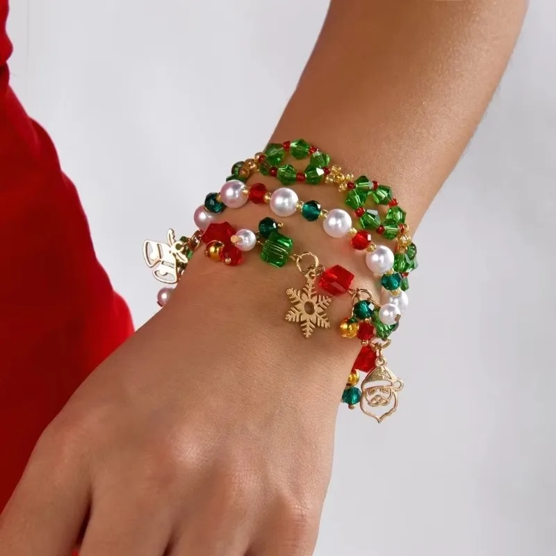 Chic Red Green Christmas Bracelet Set Multicolor Snowflake Beaded Hand Chain Lightweight Layered Stackable Bracelets Girl