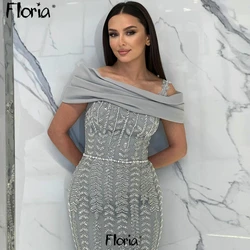 Sparkly Grey Off Shoulder Party Dress Dubai Heavy Beads Fashion Stage Sheath Gowns Women Wedding Guest Dresses Cocktail Gowns