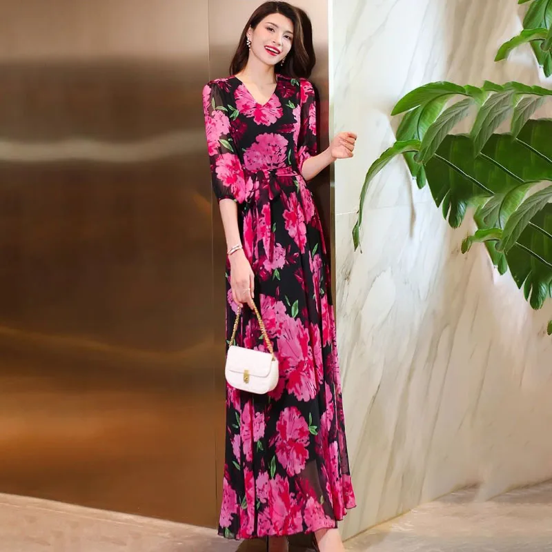 2024 New Spring Summer Half Sleeve Y2k Chiffon Dress Women\'s Fashion Slim Oversize 4XL Travel Holiday Long Beach dresses