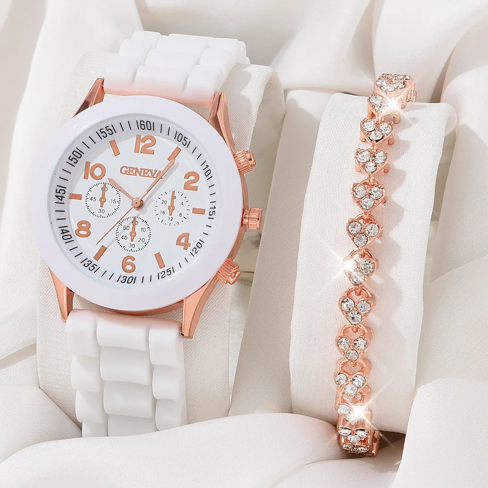 Conjunto de reloj de lujo para mujer, 5 uds., elegante reloj de aleación de lujo a la moda, correa de silicona, regalo de vacaciones, collar, pulsera, pendientes