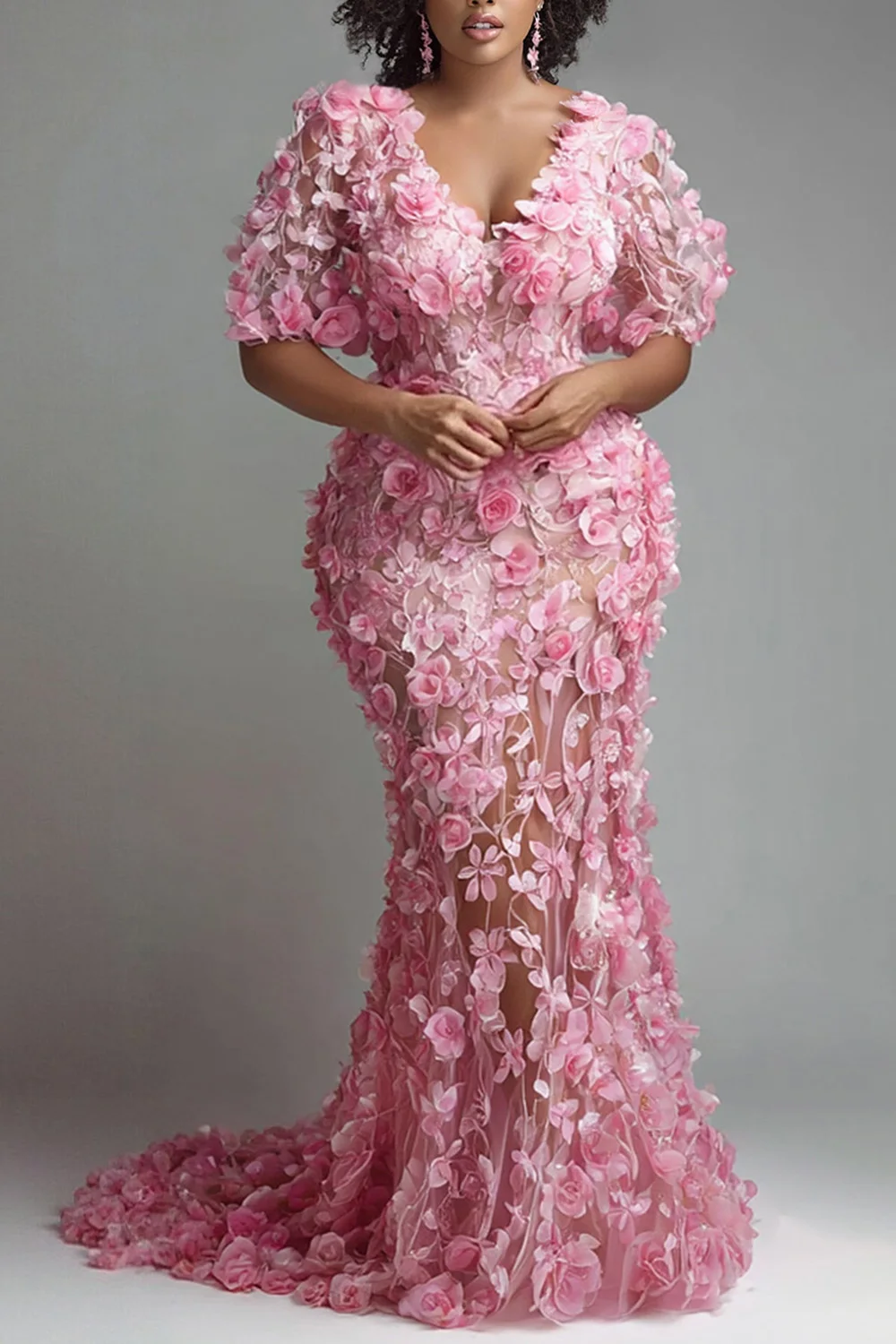 بالإضافة إلى حجم الوردي الرسمي الخامس الرقبة قصيرة الأكمام 3D فساتين ماكسي حورية البحر أنيقة #4