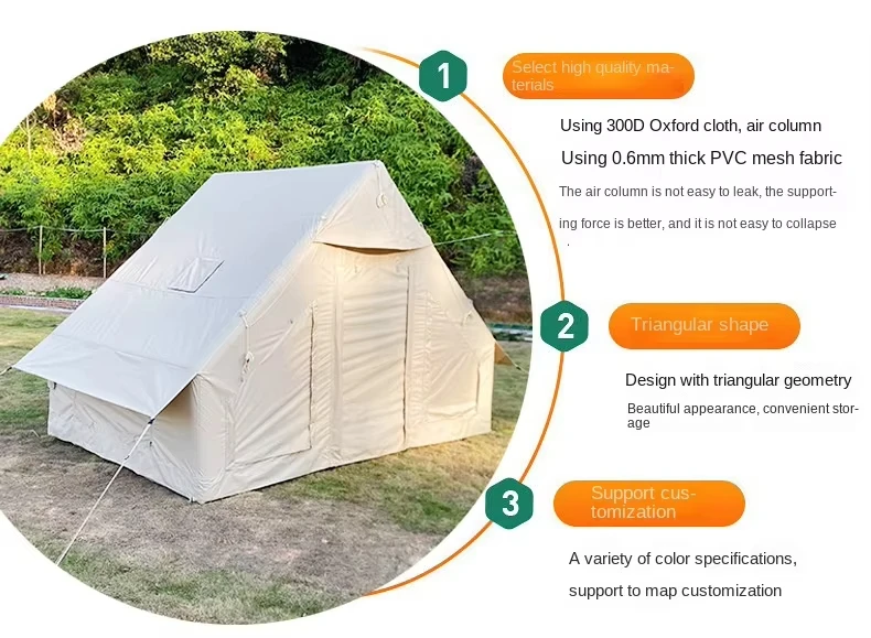 Wholesale Portable Four-Season Waterproof Air Glamping Tent 3-4 Person Inflatable Camping Tent Hand Pump Made Oxford Quick