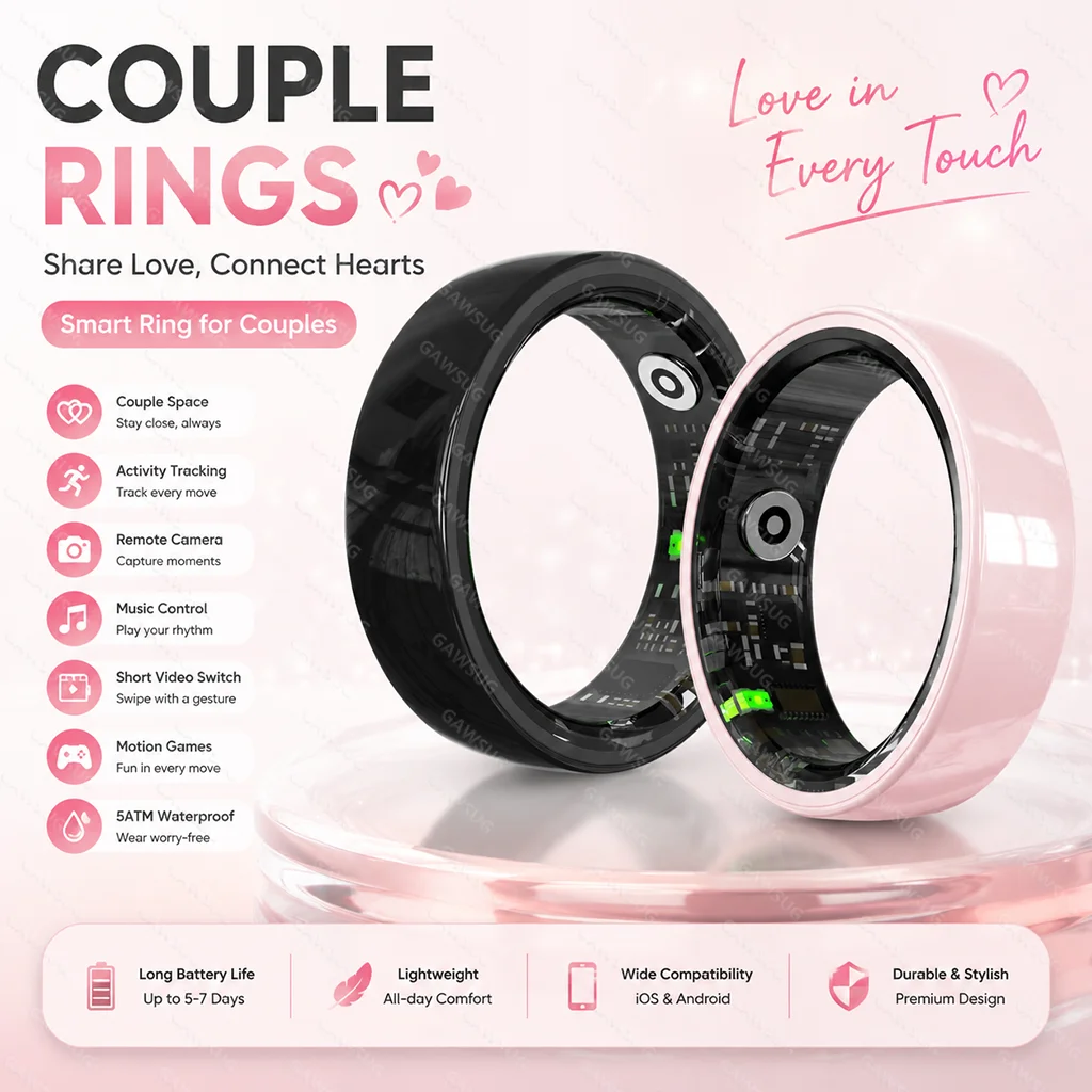 Couple Smart Ring with Charging Case Remote Control SpO2 Heart Rate Health Tracker 5ATM Waterproof Fitness Gift Men Women