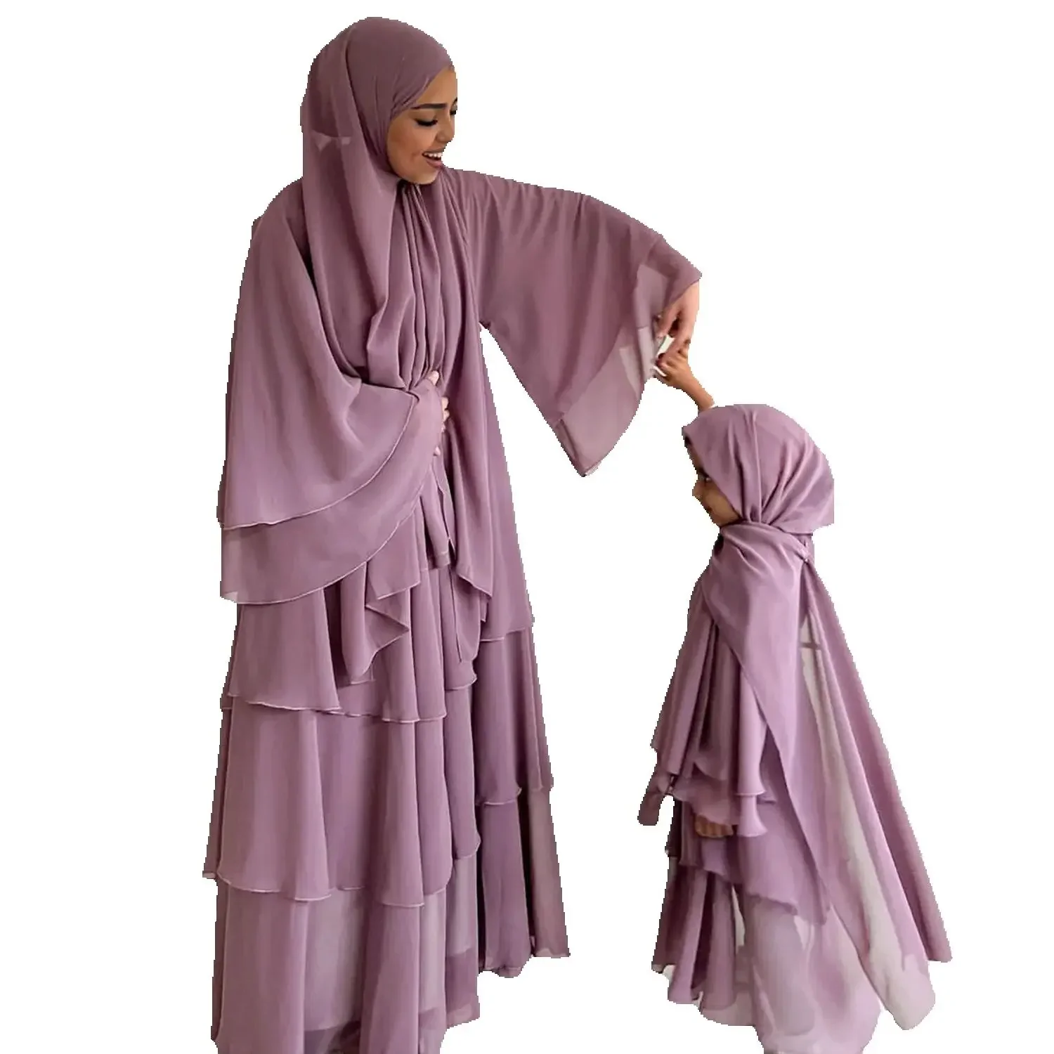 

New Women Girls Chiffon Layered Open Abaya Children Muslim Kids Ruffles Maxi Dress Turkey Eid Ramadan Kebaya Eid Kimono Jalabiya