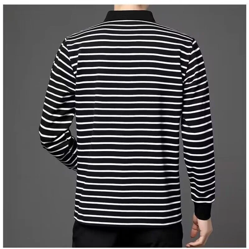 Spring and Autumn New Men\'s Long Sleeve T-shirt with Polo Collar Black and White Stripes Top Youth Casual Male Comfortable Shirt