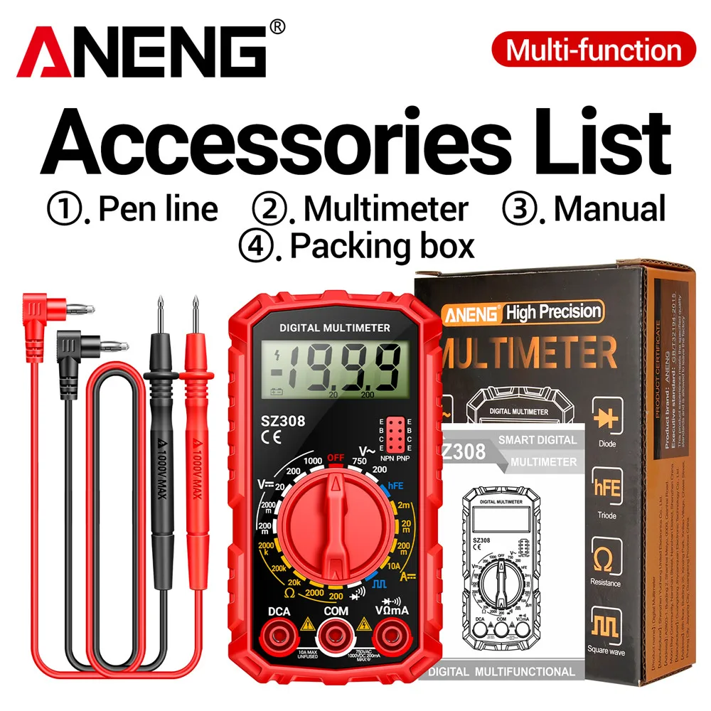 Aneng Sz308 Digitale Multimeter Ac/Dc Huidige Meter Spanningsweerstand Meter Elektricien Lcd Backlight Ohm Blokgolftest