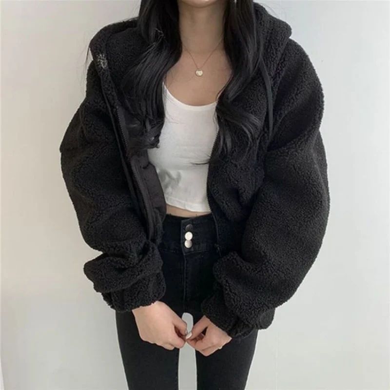 Deeptown Cropped Jacket Streetwear Y2k Tech Fleece Oversized Hooded Thick Coat Chic Casual Short Cardigan Varsity Korean Fashion