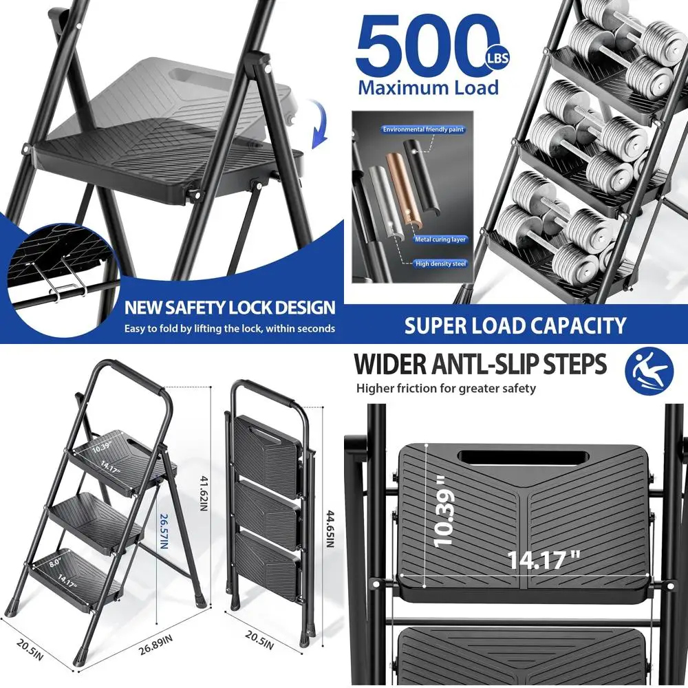

olding 3 Step Ladder, Portable Ladder or Multi-pose, Home, Kitchen, Heavy Sturdy Steel Step Stool with Anti-Slip Wide Pedals, Ha