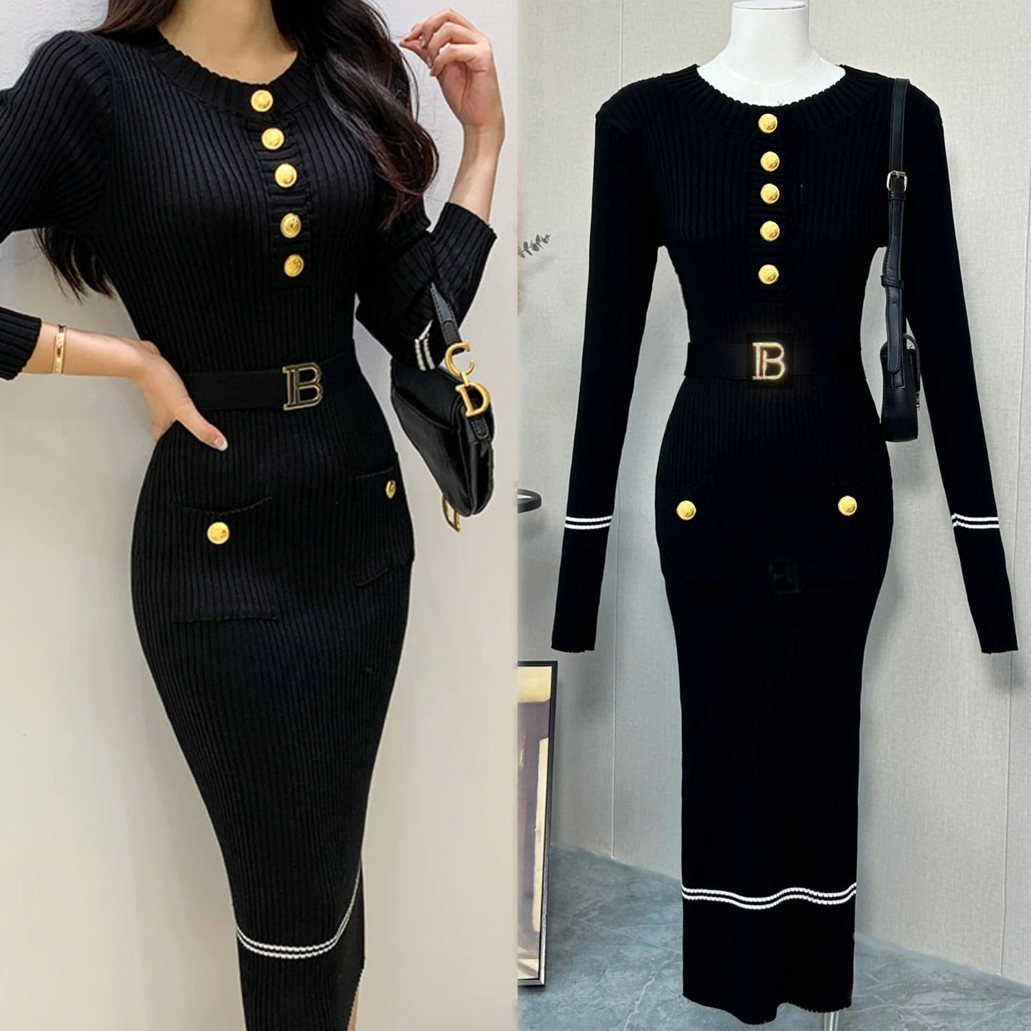 YuooMuoo Chic Mode Sexy Paket Hüften Gestrickte Lange Kleid 2025, Herbst Winter Frauen Elegante Schwarz Bodycon Party Kleid Streetwear