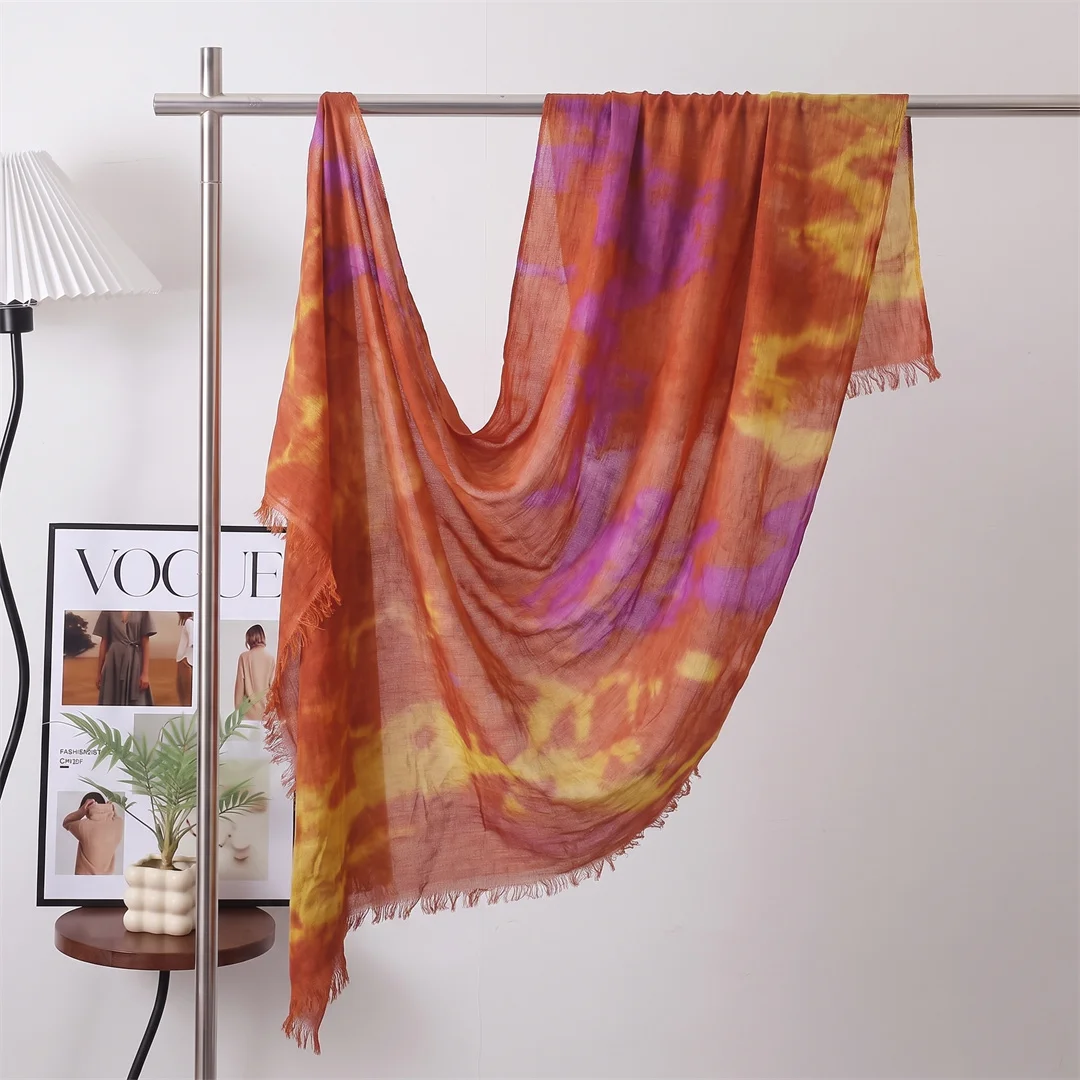 Boho Tie Dye Print Rayon Hijab Scarf Fringe Edge Soft Light Muslim Women Headscarf Wrap Breathable Islamic Daily Turban Shawl view 6