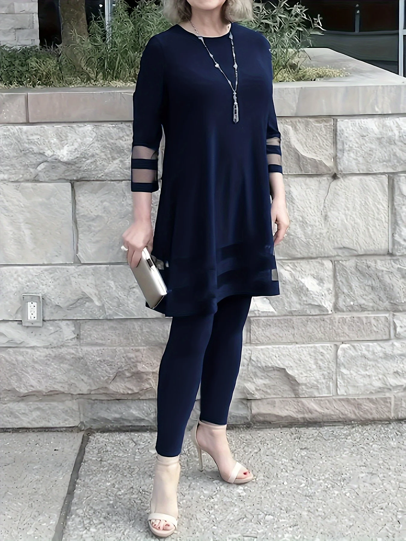 شبكة نسائية - طقم تونيك وطماق مفصلة 3/4 كم ملابس أنيقة