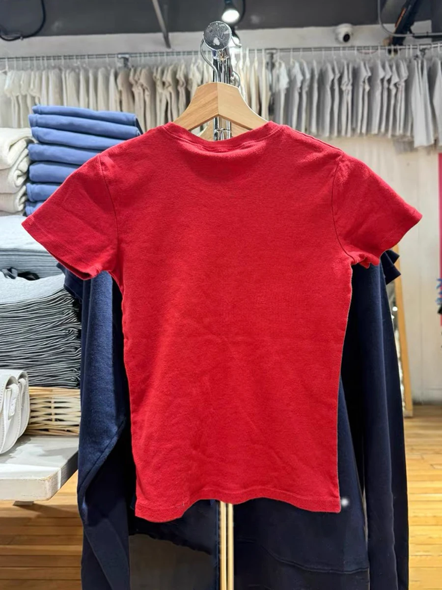 Vintage Roten Brief Flagge Stickerei Baumwolle T-shirt Frauen Oansatz Sommer Kurzarm T-shirt Amerikanischen Dünne Beiläufige Crop Y2K Top – Detail 3