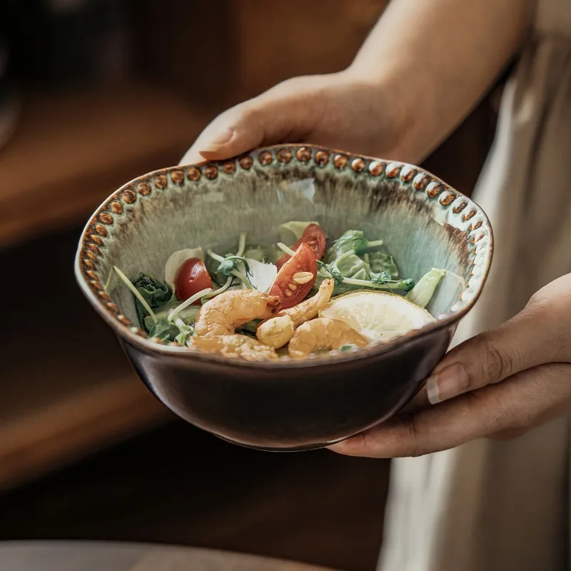 

1pc Retro Kiln Turned Bead Edge Ceramic Bowl Shaped High Aesthetic Tableware Household Salad Bowl Mixed Noodles