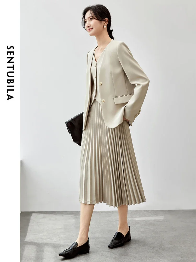 SENTUBILA Women Skirt Suit 2024 Autumn V Neck Blazer A Line Pleated Skirt Office Work Business Outfits Matching Sets 143Z55705