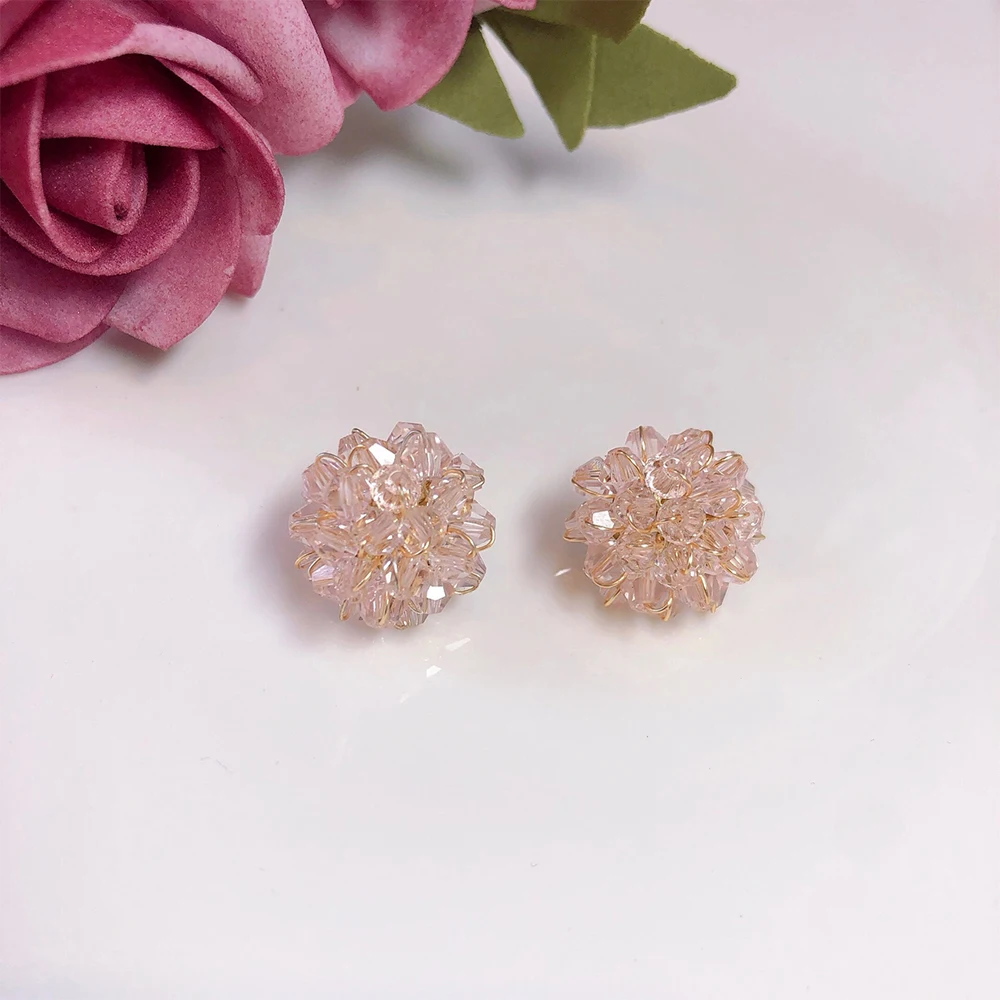 

Stud Earrings for Women Girls Pink Crystal Flower Cluster Bohemian Sterling Silver Post Boho Statement