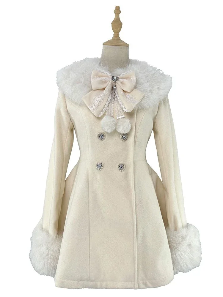 Y2k Aesthetic Fur Patchwork Women Lolita Coats Double-breasted Bow Sweet elegant Jacket Jk Japanese Slim Fit chic Fairy Jackets