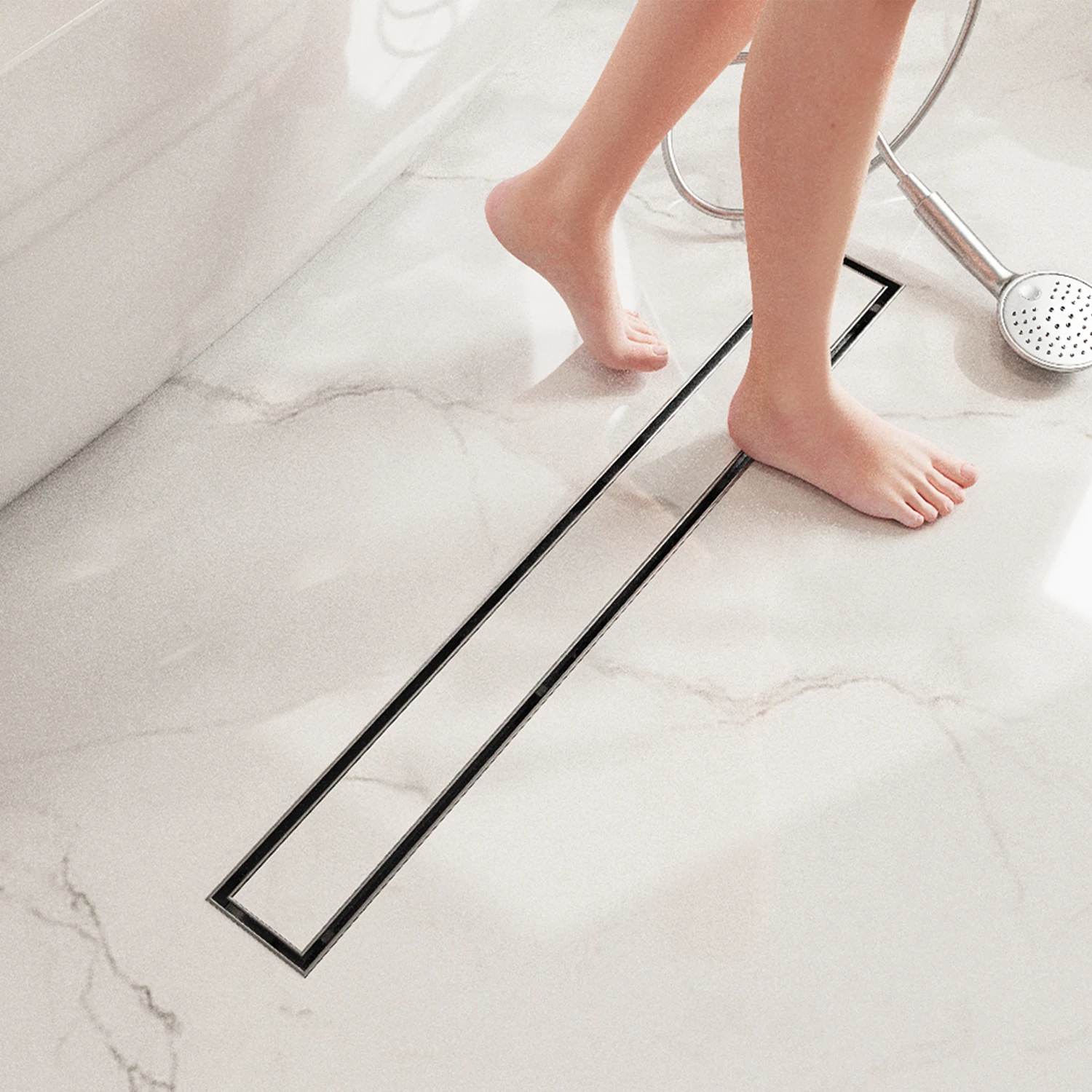 

Modern 28-Inch Brushed Stainless Steel Rectangle Shower Drain Hidden Tile-In Design for Bathroom Single Piece Dropship Available