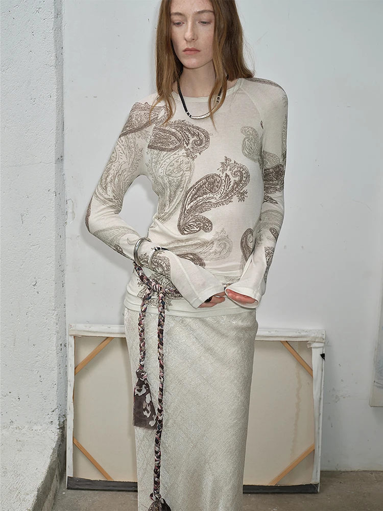 

Fuzhen round Ne Long Sve T-irt Silk Wool Slim Fit Printed Vintage Genes Practical Faion for Young And Middle-aged Women