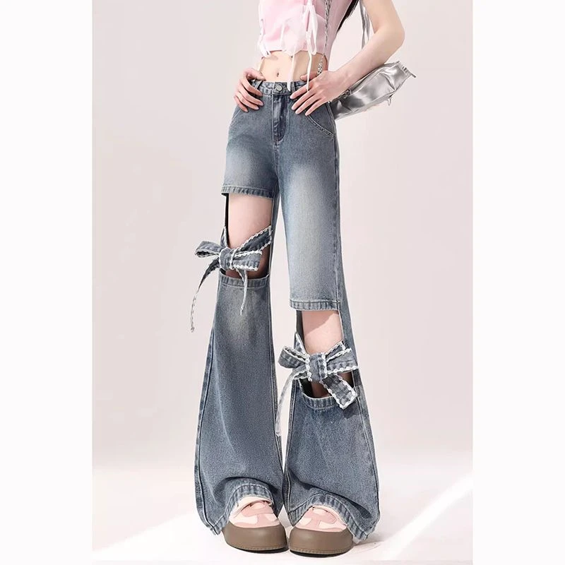 

Women's Hollow Tie Bow Thin Jeans Sweet Girl High Waisted Bottoms Vintage Baggy Trousers Female Denim Micro Flared Pants