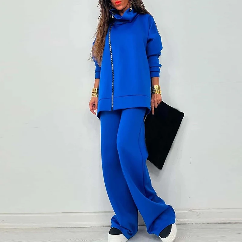 New Fashion Zipper Solid Color Suit Autumn Commuting Loose Outfits Women\'s Turtleneck Long Sleeved Top and Pants Two Piece Sets