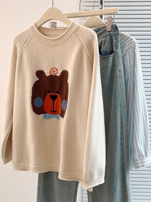 

Повседневный вязаный свитер с круглым вырезом и мультяшной вышивкой, утепленный, с длинными рукавами, женская осенне-зимняя модная верхняя одежда