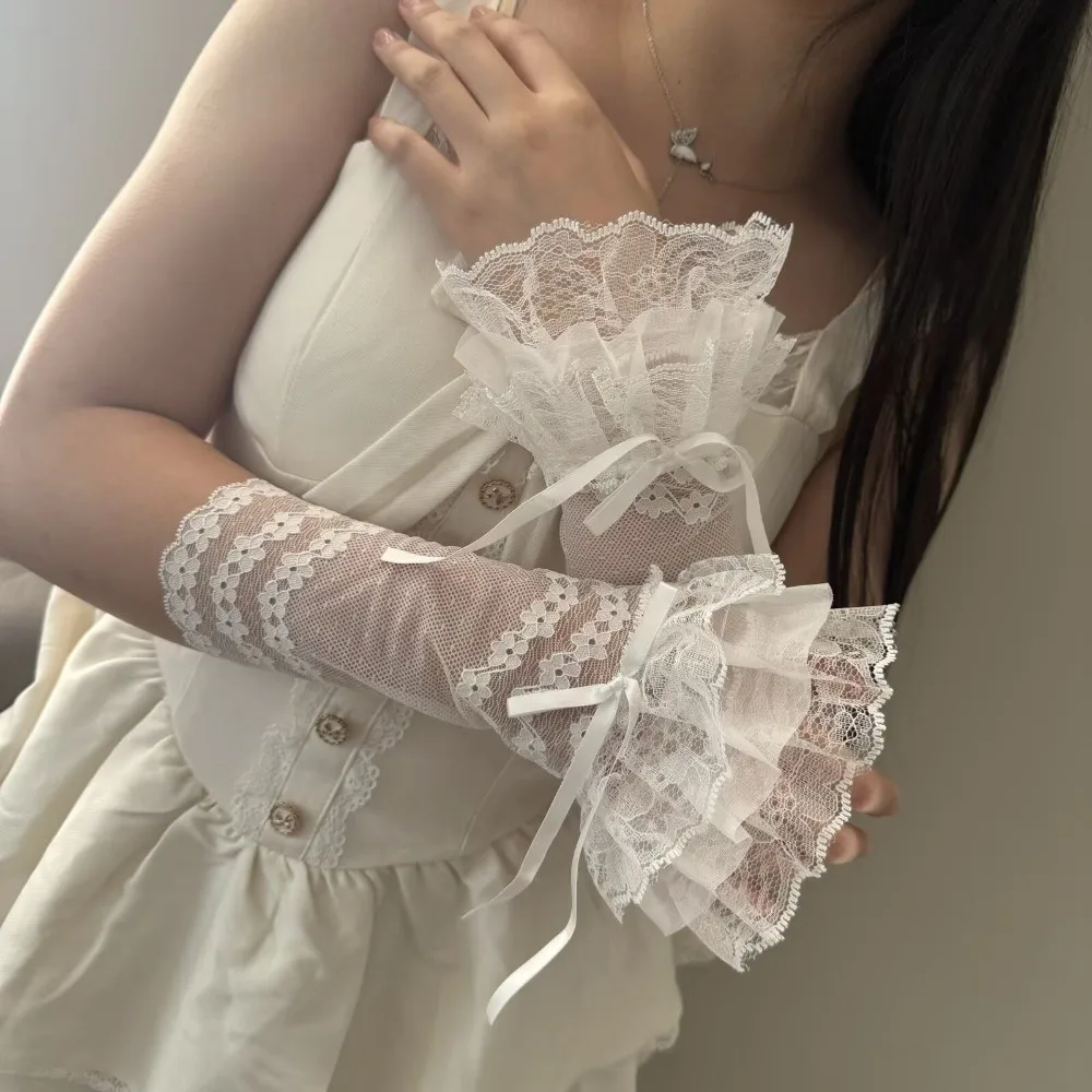 Hollow Out Lace Fingerless Gloves Ruffle Trim Bowknot Lace Arm Sleeves Elastic Yarn Long Hand Sleeves Women Clothes Accessory