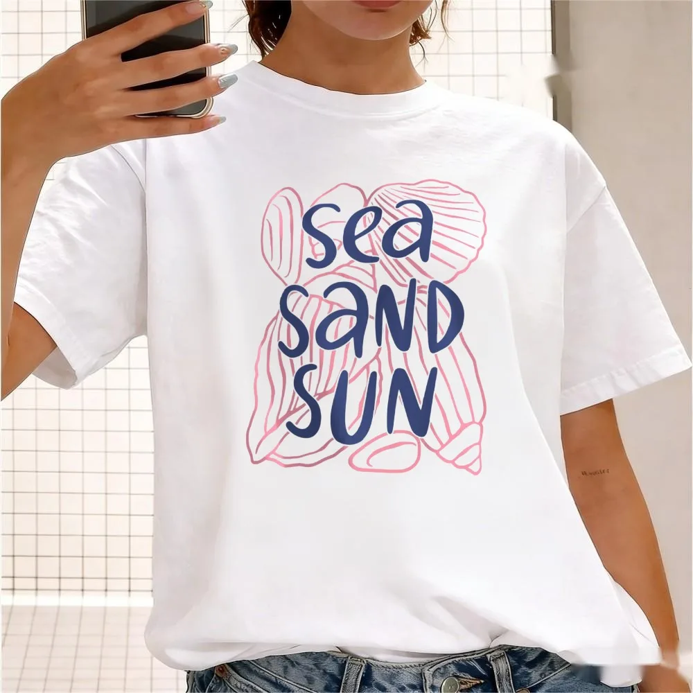 Preppy Sea Sand Sun T-Shirt Summer Vacation Graphic Tee Boho Beach Shirt Women Fashion Casual Daily Life Cotton Short Sleeve