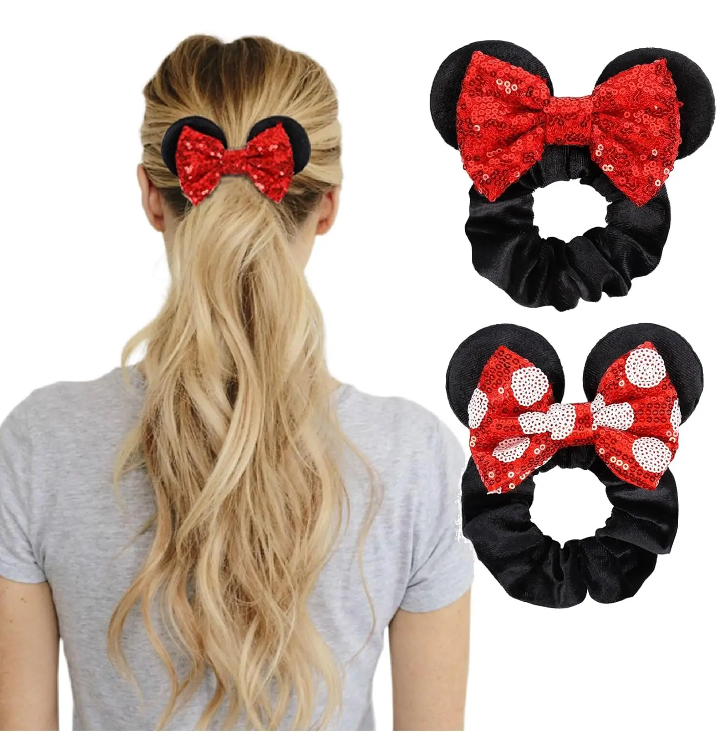 

Velvet Mouse Ear Hair Ties with Sequins Bow for Ponytail, Party Favors, Cosplay Accessories - Red Black