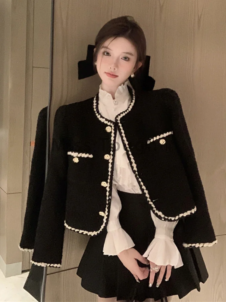 France Vintage Loose Short Jackets Women Elegant Black Cropped Coat Party Korean Fashion Blazer Single Breasted Outerwear Tops