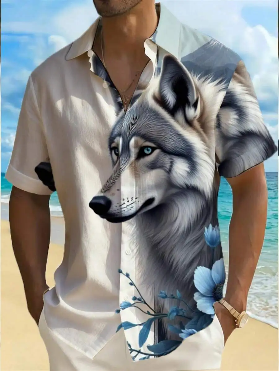 

Mens 3D Wolf And Blue Floral Print Short Sleeve Casual Beach Shirt