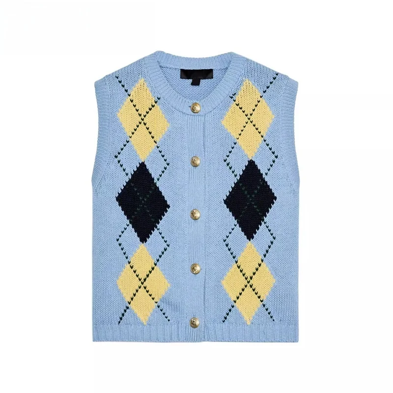 

Summer 2025 New Women's Knitted Vest Diamond Pattern Svel round Ne ort Top Commute Sle Loose Fit Open Cardigan