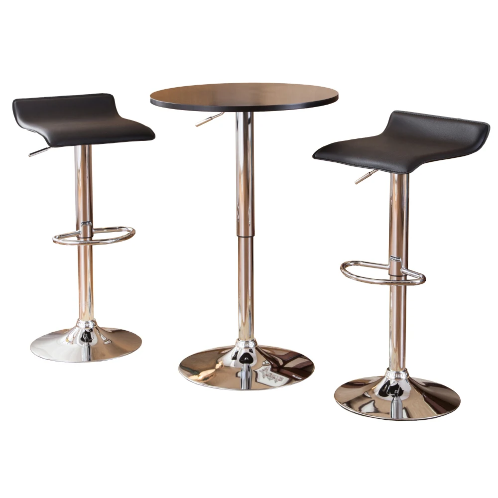 Black Adjustable Height Wood and Chrome Metal Bar Table and 2 Black Chrome Air Lift Adjustable Swivel Stools Set