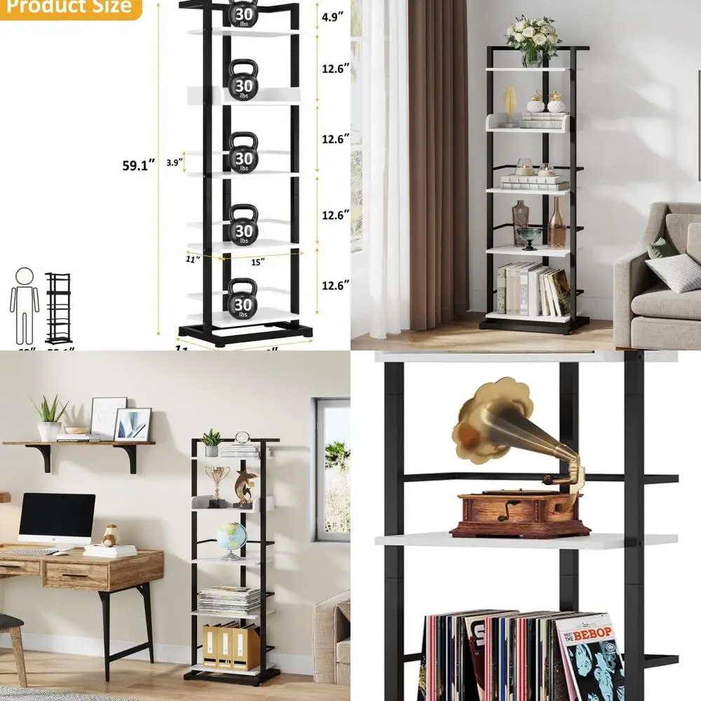 5-Shelf Tall Wood Bookcase with Metal Edges, Industrial Style Corner Storage, Display Rack for Home and Office in Black/White
