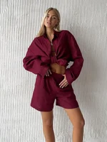 Bornladies Women's Cotton Casual Shorts Set Solid Color Lapel Long Sleeve Shirt Elastic Waist Shorts Outfit Daily Vacation Wear - Image 5