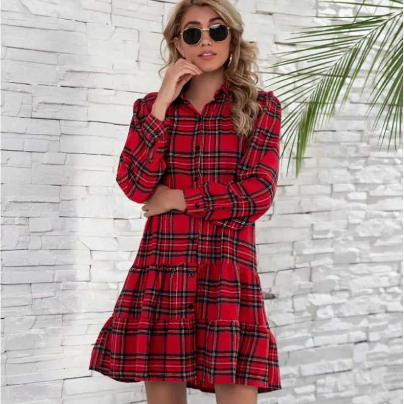 Spring And Autumn New Commuting Leisure Women's Checkered Shirt Long Sleeve Single Breasted Cake Skirt Dress Women Summer