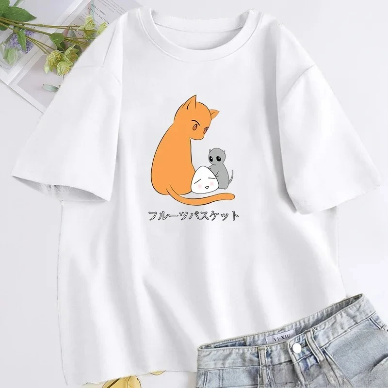 Women's T-shirt with Fruit Basket and Mouse Pattern Anime Design Cute Summer Outfit Short-sleeved T-shirt Summer Streetwear