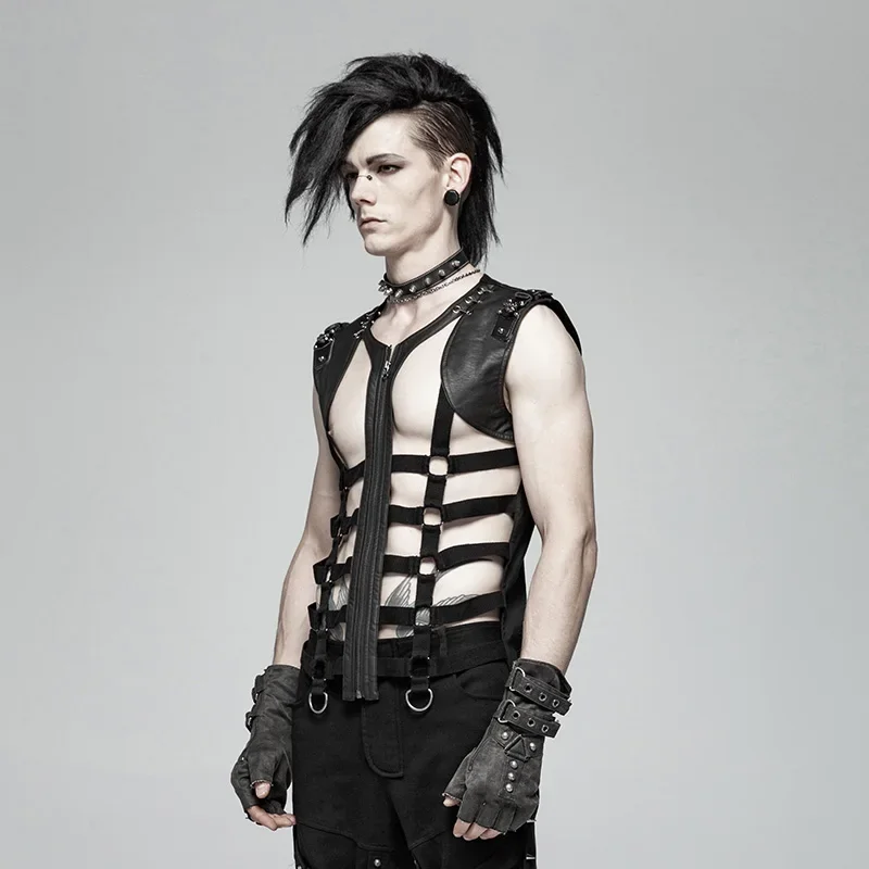 PUNK RAVE New Men\'s Black Skeleton Pu Personality Hollow-out Vest with Metal Leather Tab and Eyelet Trim Men Tank Tops Halloween