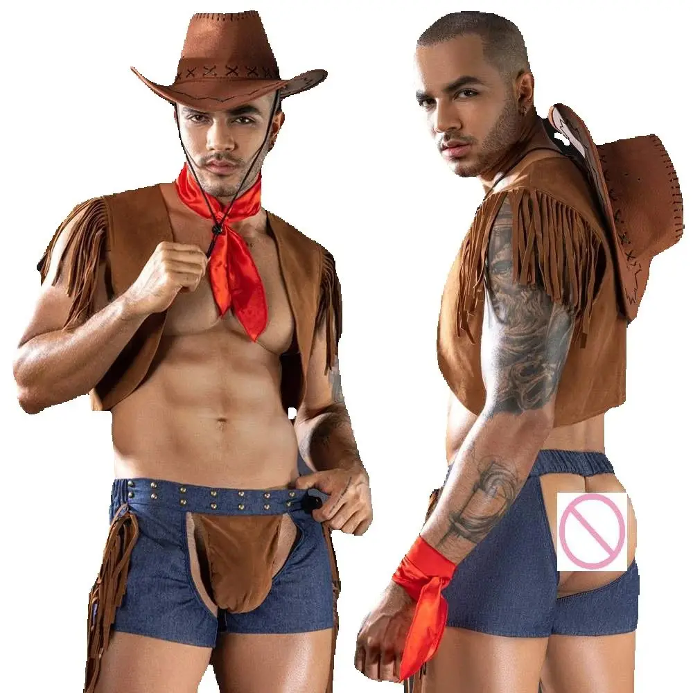 New Design Men Sexy Erotic Cosplay West Cow Boy Uniform Mature Male See-through Costumes Gay SM Open Crotch Lingerie Naugty Wear