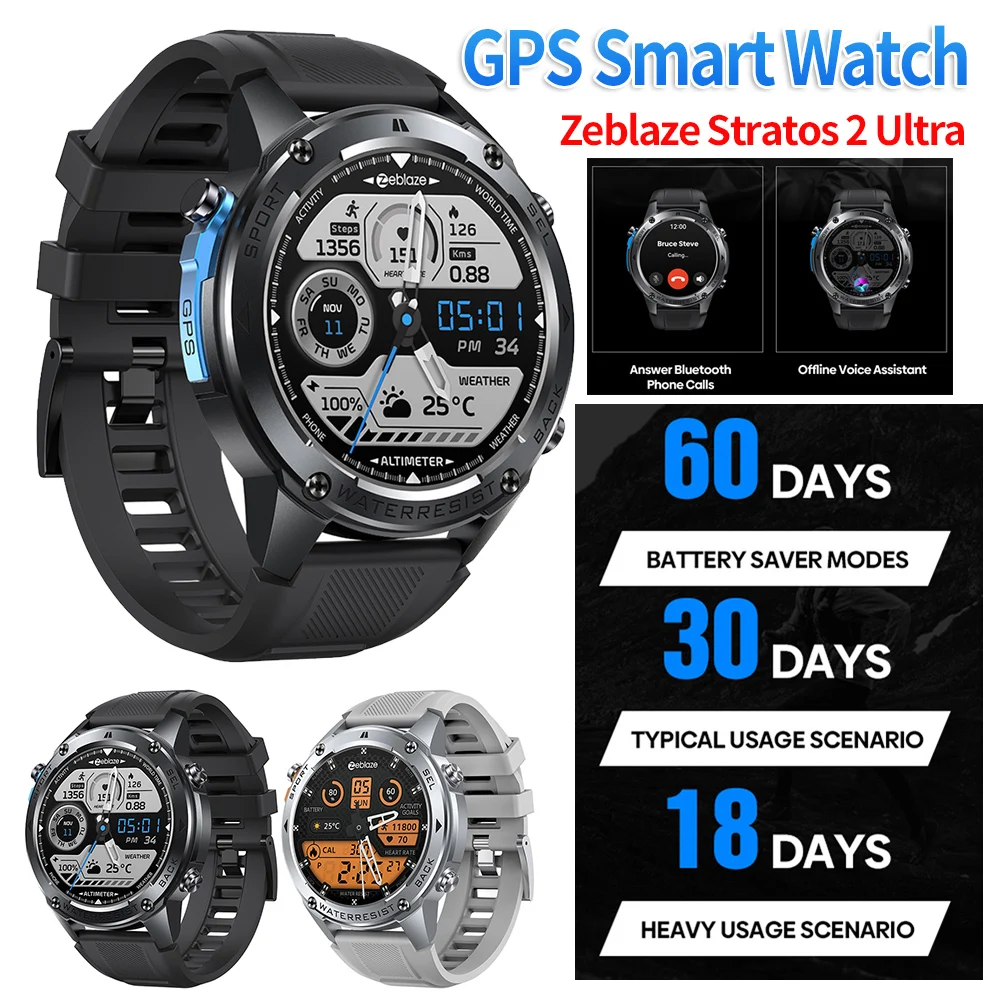 Zeblaze Stratos 2 Ultra GPS Watch Compass Barometric Altimeter Voice Calling Smartwatch Heart Rate Monitor 10 ATM Sports Watch