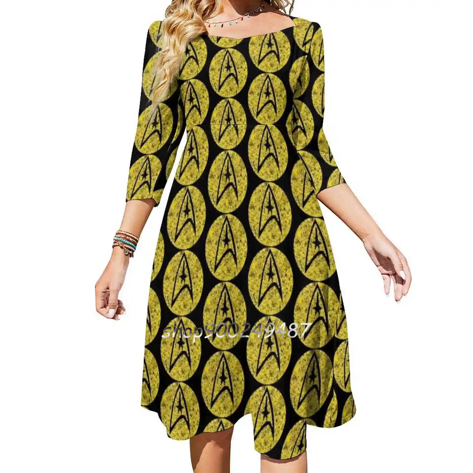 Star Trek Tos Command Gold Insignia Paint Splatter Sweet Elegant Dress Women Korean Kawaii Square Collar Dress Star Trek Star