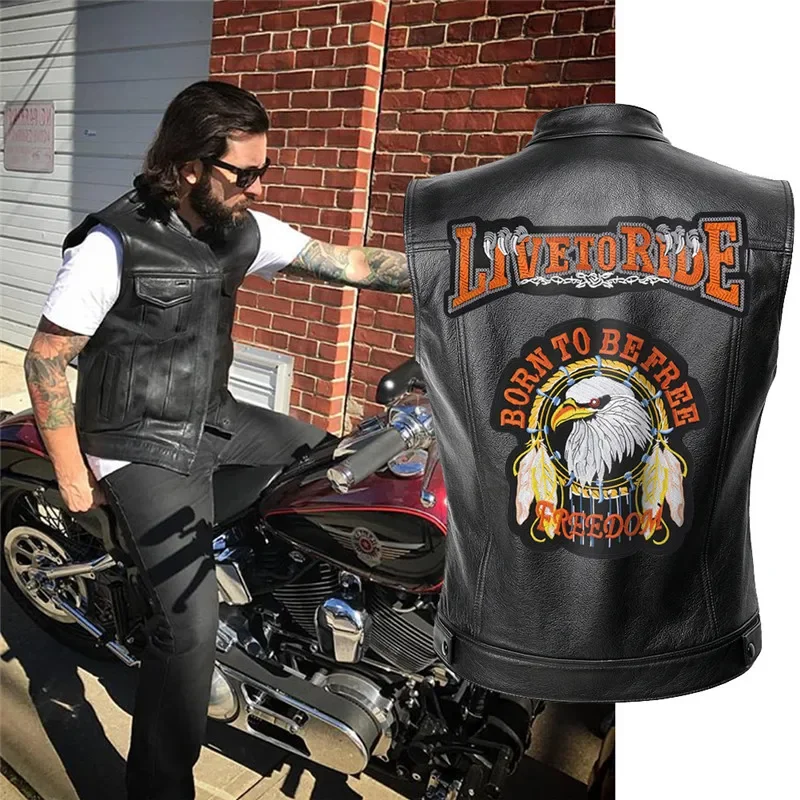 Mens Leather Cosplay Costume Motorcycle Vest Live To Ride Jacket Applique Rock Punk Vest Zipper Top Coat Sleeveless Jacket