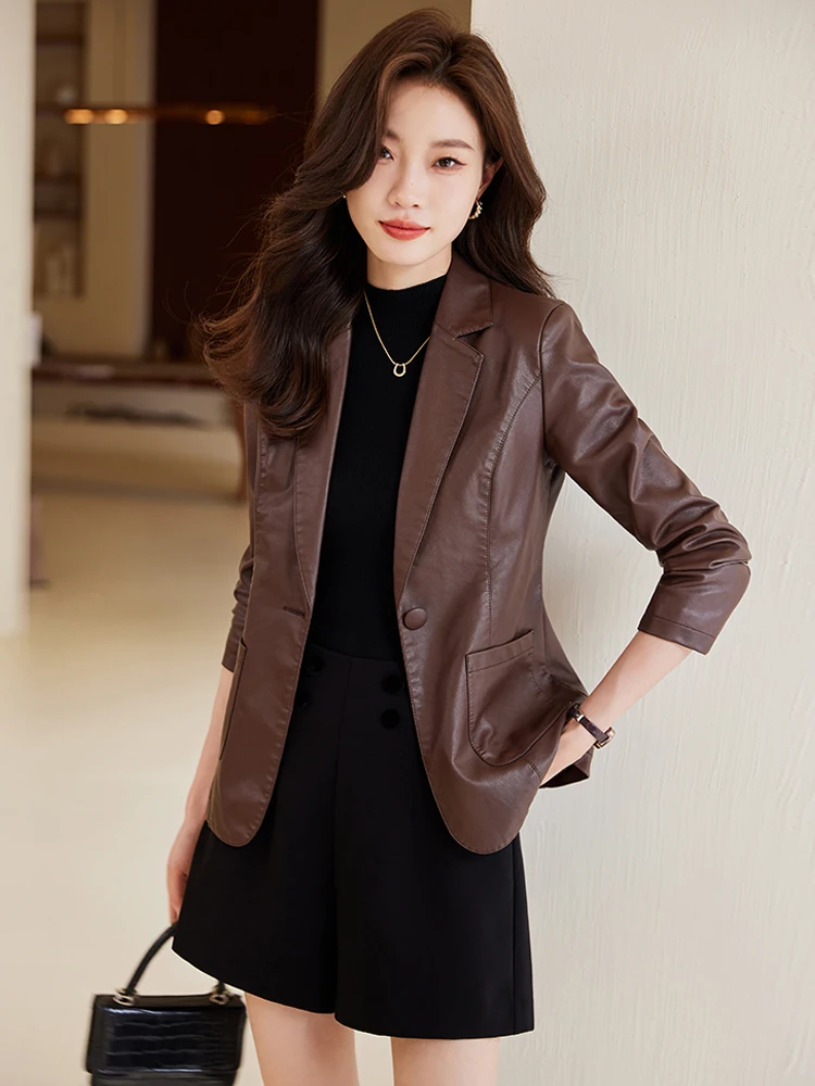 Café Brown PU Leather Jacket Women's Casual Style Spring New Arrival Fashion Small Size Commute Wind Slim Fit Long Sleeve