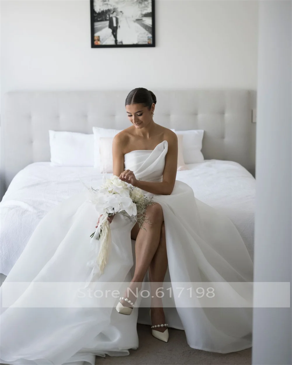 One Shoulder Organza Pleated Wedding Party Dress A-line Side Slit Backless and Button Bridal Gown with Train Vestidos De Novia image 5