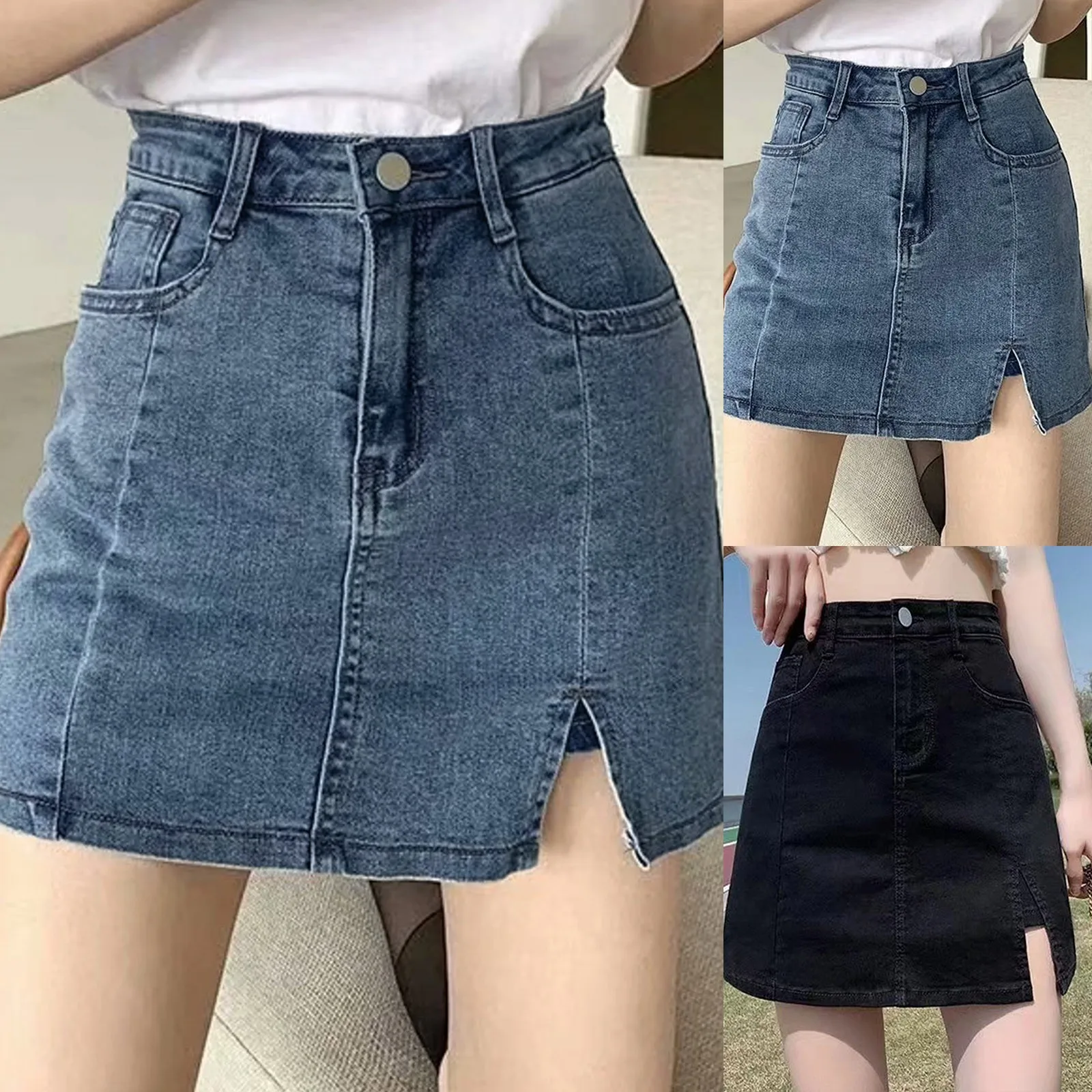 Denim Mini Skirt For Women High Waisted Jean Shorts With Side Slit Summer Casual Button Stretchy Skorts Y2k Girls Streetwear