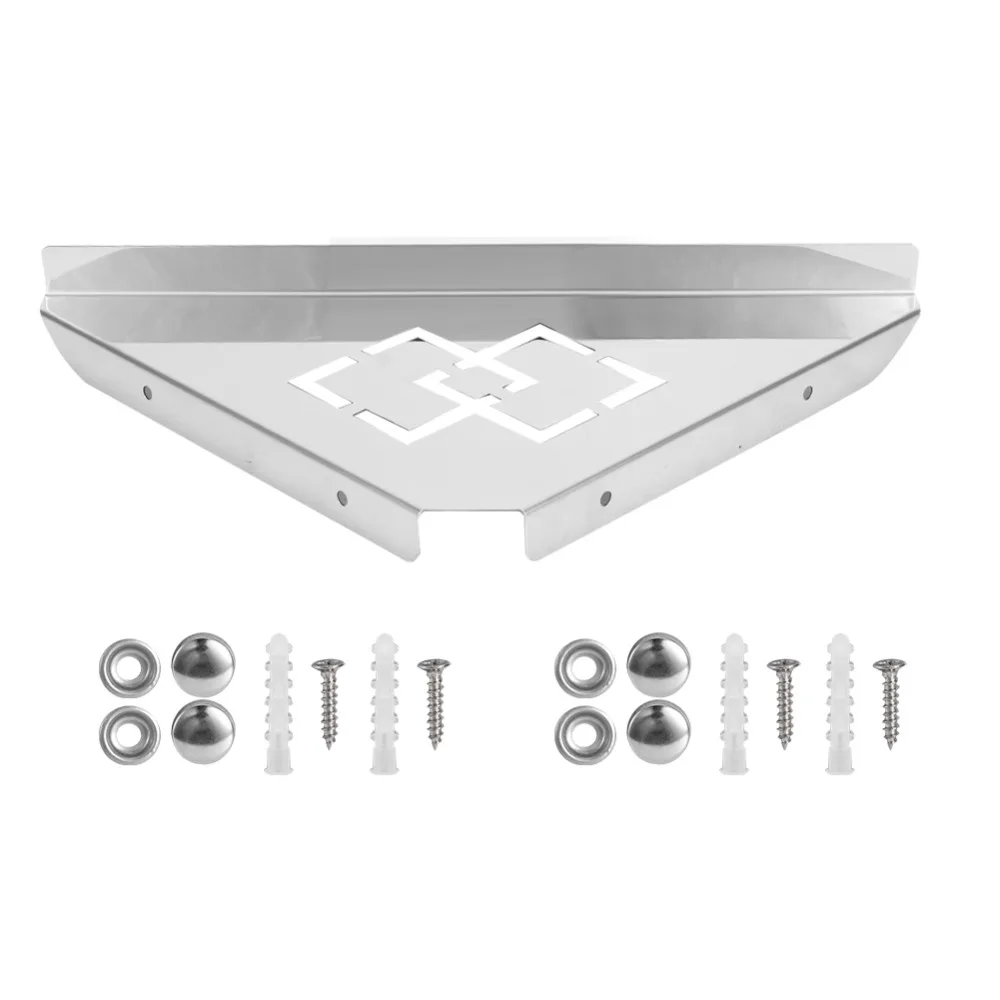 Stainless Steel Shower Corner Shelf Silver Wall Mounted Corner Shelf Rack Organizer Triangular Shape Punching Type