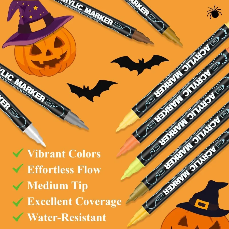 علامات طلاء أكريليك 24 لونًا مع تصميم مزدوج الشريحة لزينة الهالوين مثالية لطلاء اليقطين على لوحة الصخور الخشبية